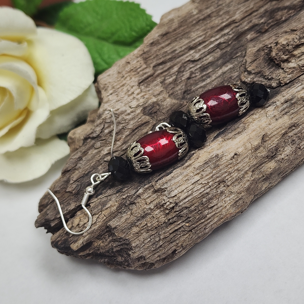 Hand Crafted Elegant Red and Black Glass Beaded Earrings